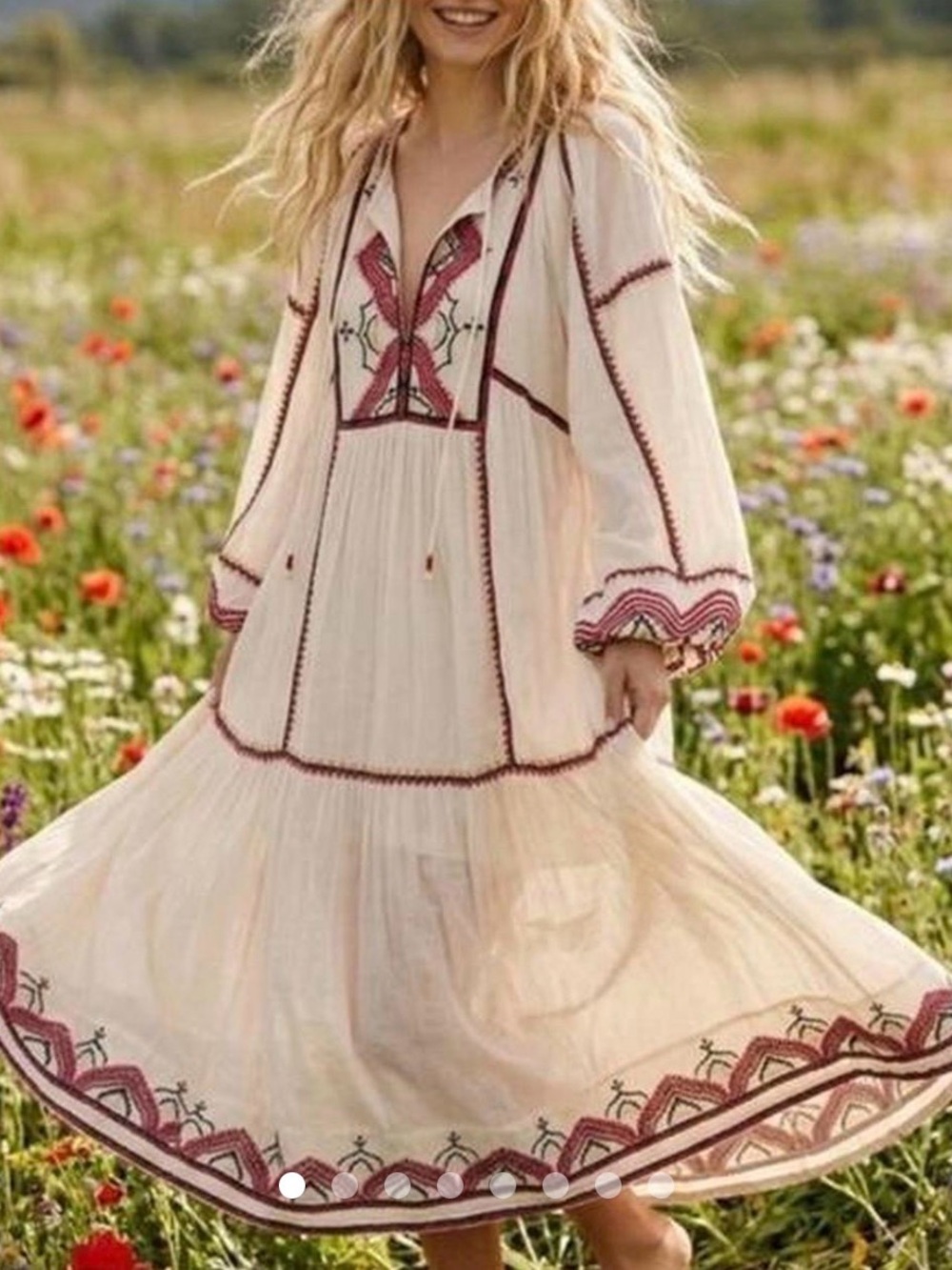 Free People Cream Maxi Dress with Red Embroidery